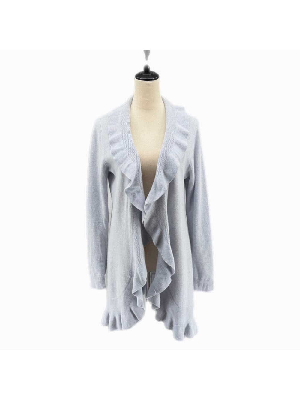 Neiman Marcus 100% Cashmere Light Blue Ruffle Open Front Long Knit Chic Cardigan
